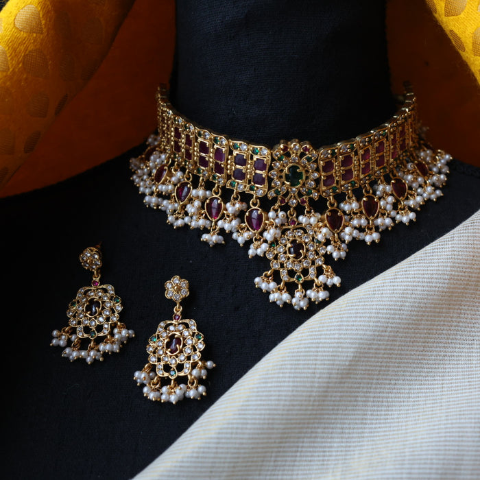 Antique ruby stone choker necklace with earrings CCB20067