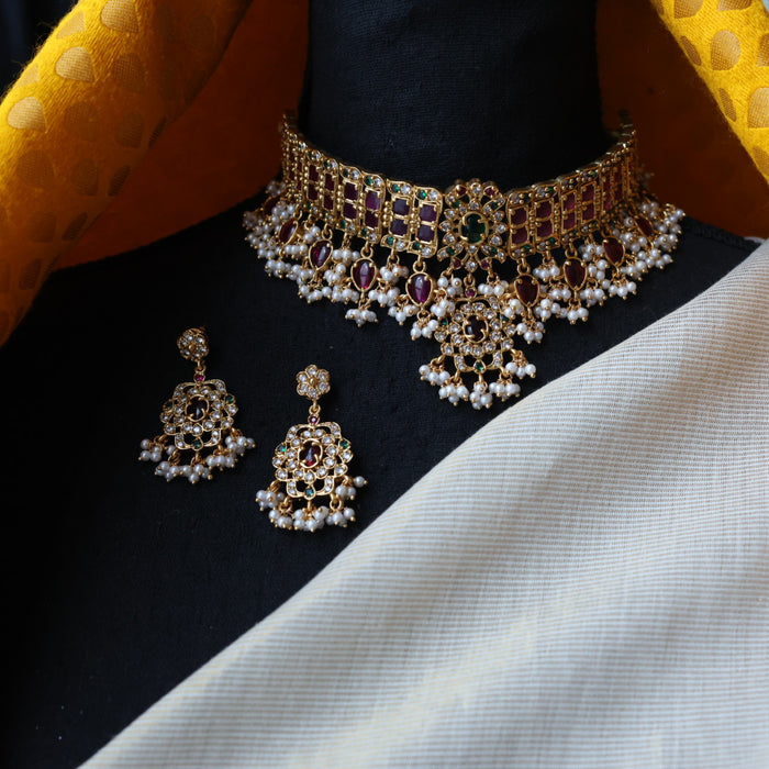 Antique ruby stone choker necklace with earrings CCB20067