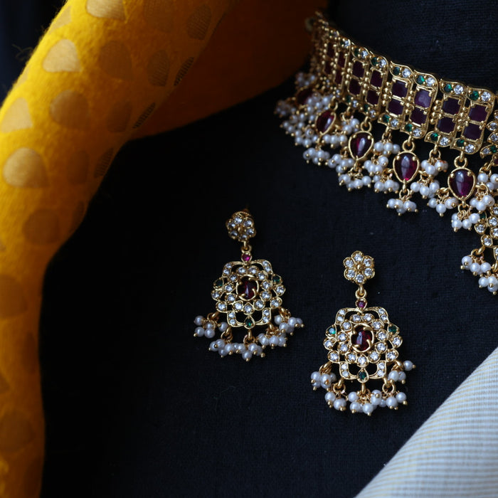 Antique ruby stone choker necklace with earrings CCB20067