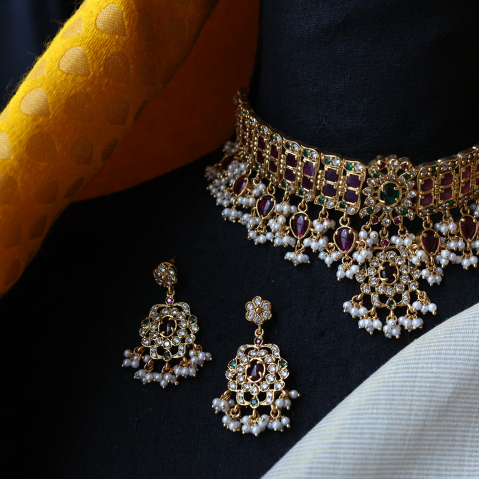 Antique ruby stone choker necklace with earrings CCB20067