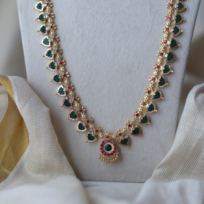 Heritage gold plated green stone mango long necklace HL933