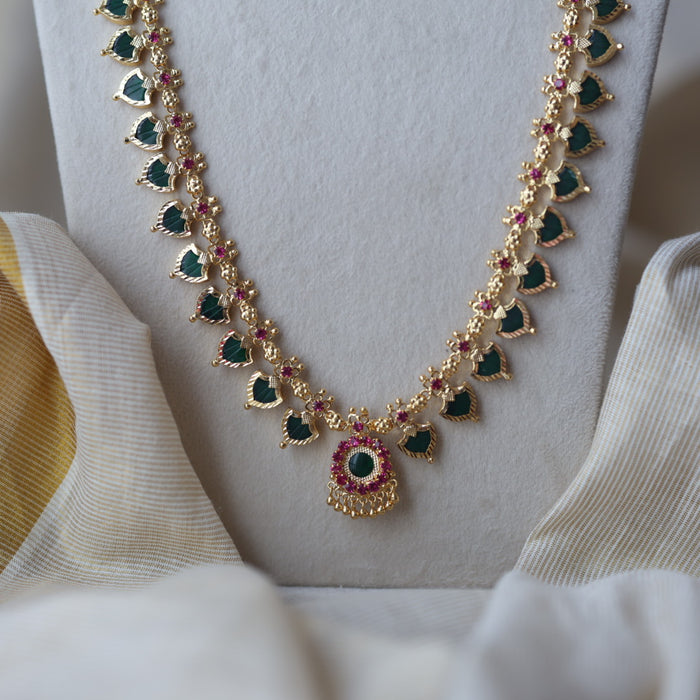 Heritage gold plated green stone mango long necklace HL933