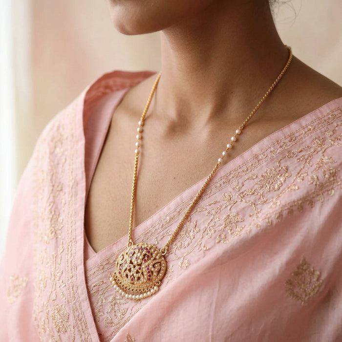 Heritage gold plated ruby white pearl stone padakam long necklace HP783