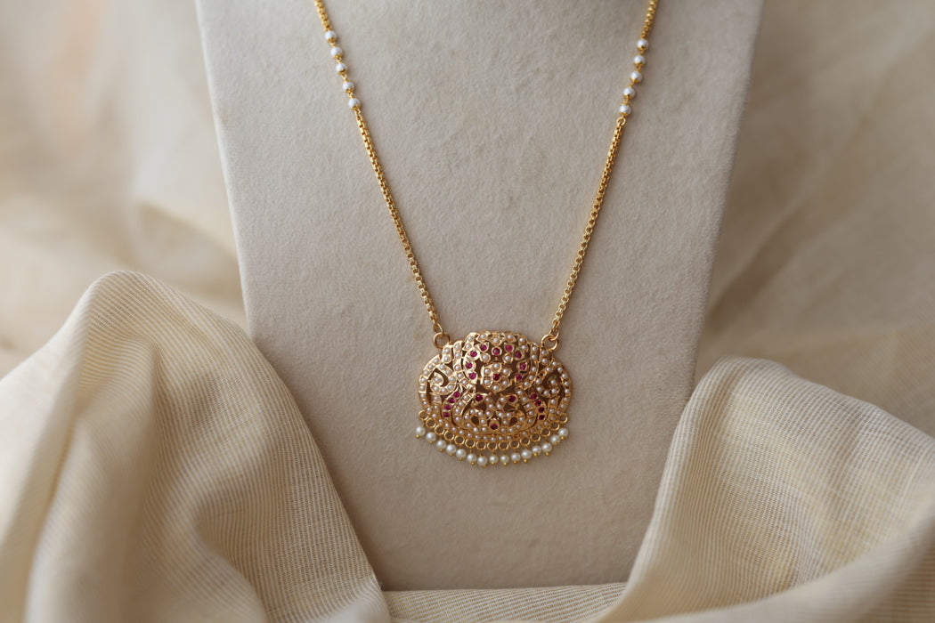 Heritage gold plated ruby white pearl stone padakam long necklace HP783