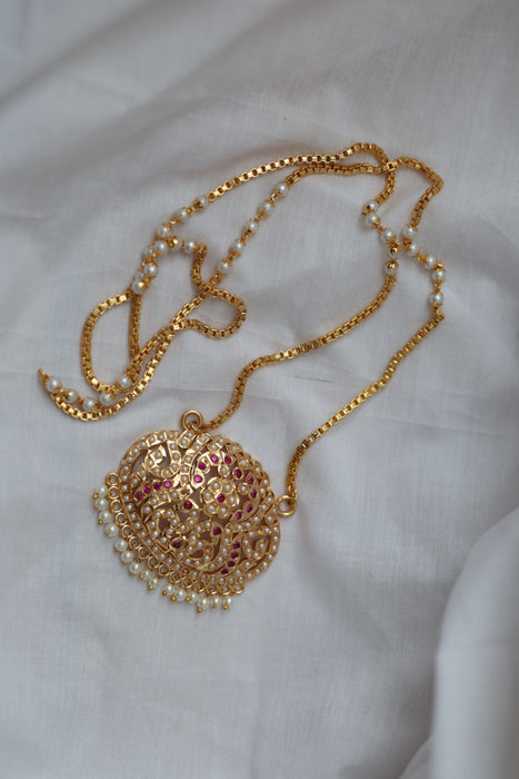 Heritage gold plated ruby white pearl stone padakam long necklace HP783