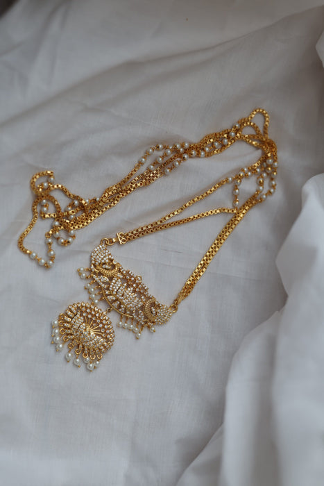 Heritage gold plated white stone padakam long necklace HP899