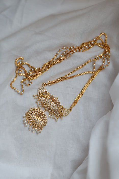 Heritage gold plated white stone padakam long necklace HP899
