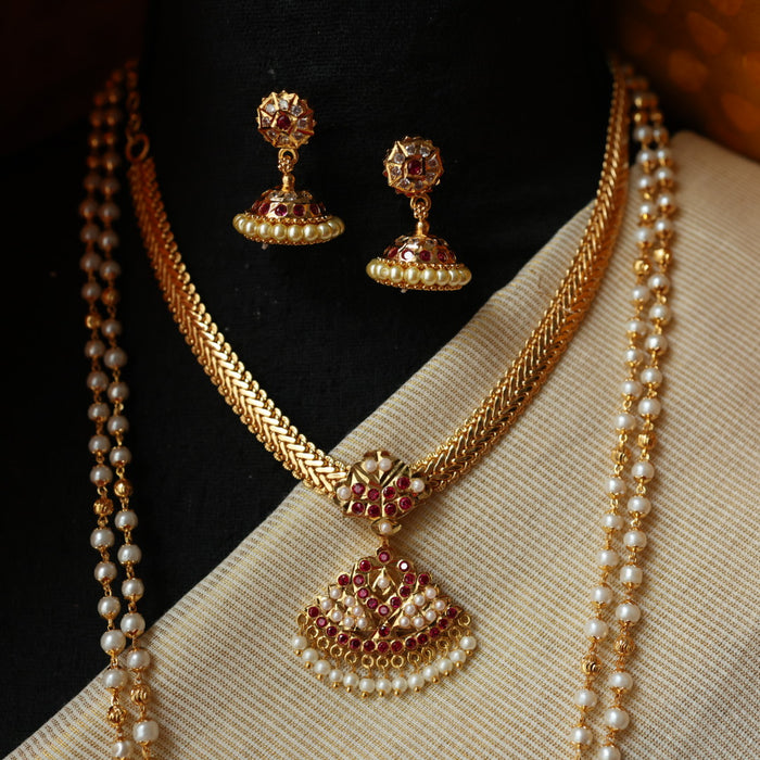 Heritage gold plated ruby white stone padakam necklace set with earrings HP304