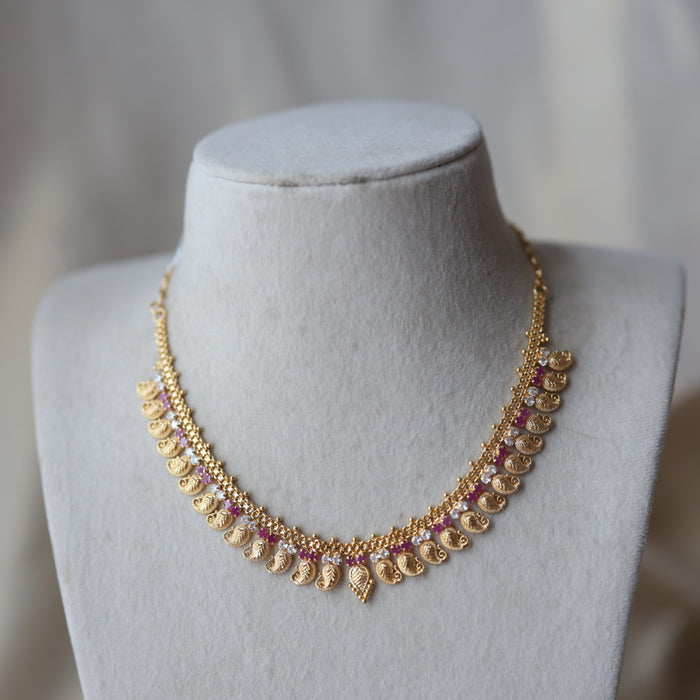 Heritage gold plated ruby white stone mango short necklace H689