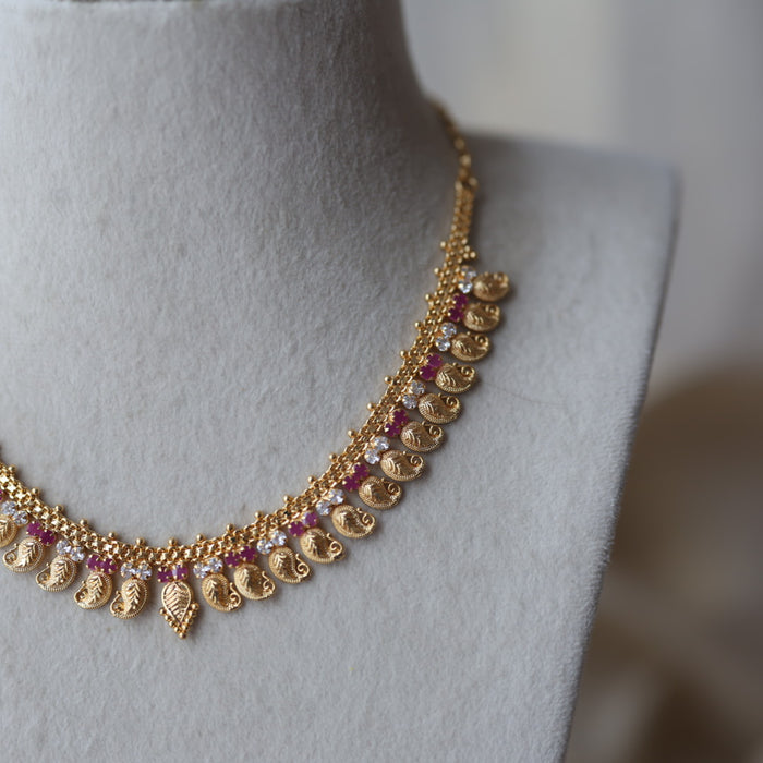 Heritage gold plated ruby white stone mango short necklace H689