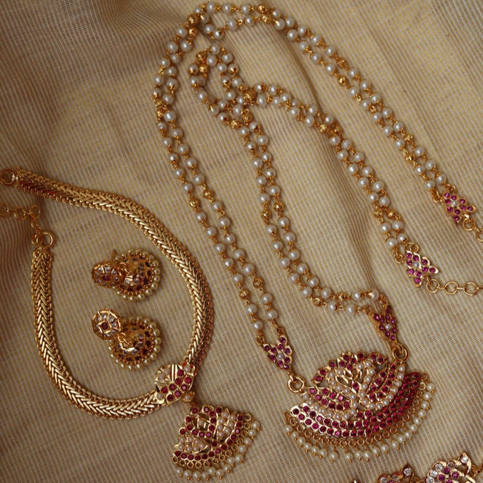 Heritage gold plated ruby white stone padakam necklace set with earrings HP304