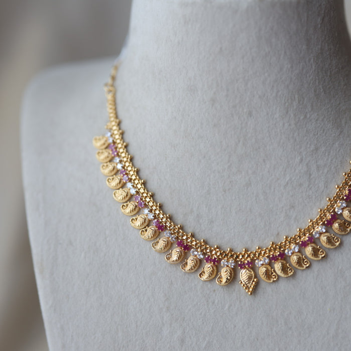 Heritage gold plated ruby white stone mango short necklace H689