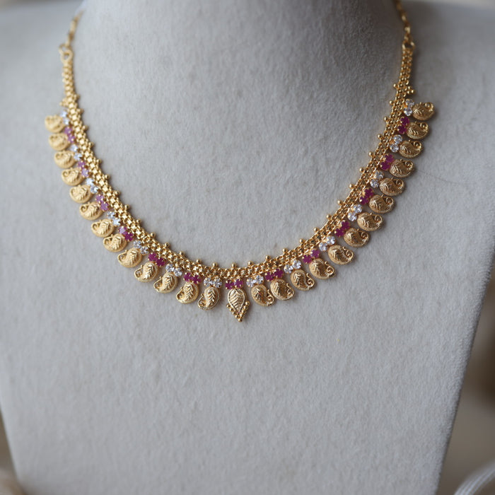 Heritage gold plated ruby white stone mango short necklace H689