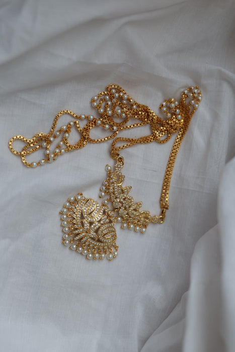 Heritage gold plated white stone padakam long necklace HP002