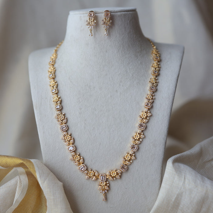 Heritage gold plated white stone long necklace with earrings HL1760