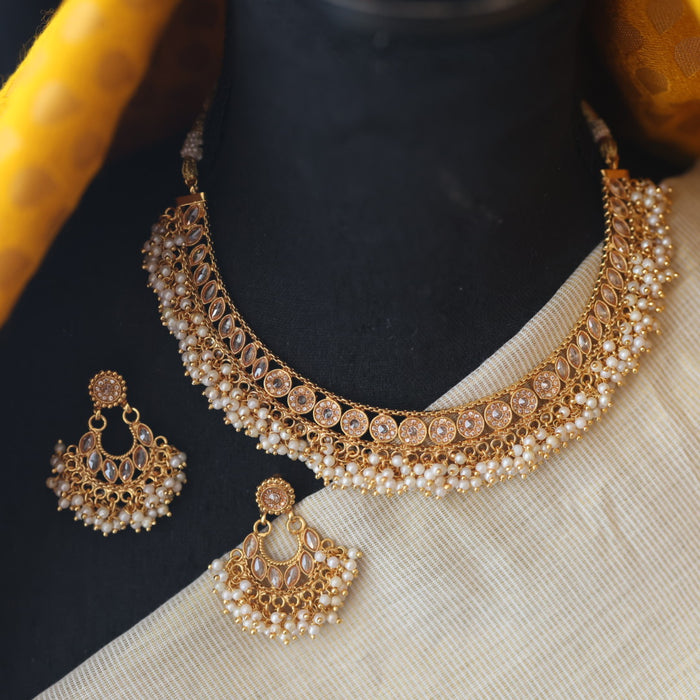 Antique gold pearl short necklace with earrings SS11041