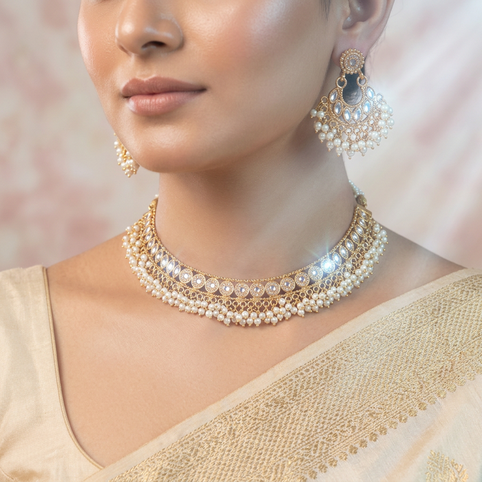 Antique gold pearl short necklace with earrings SS11041