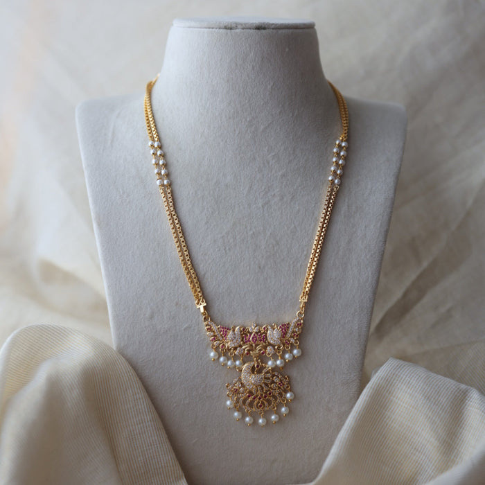 Heritage gold plated ruby white stone padakam long necklace HP8933