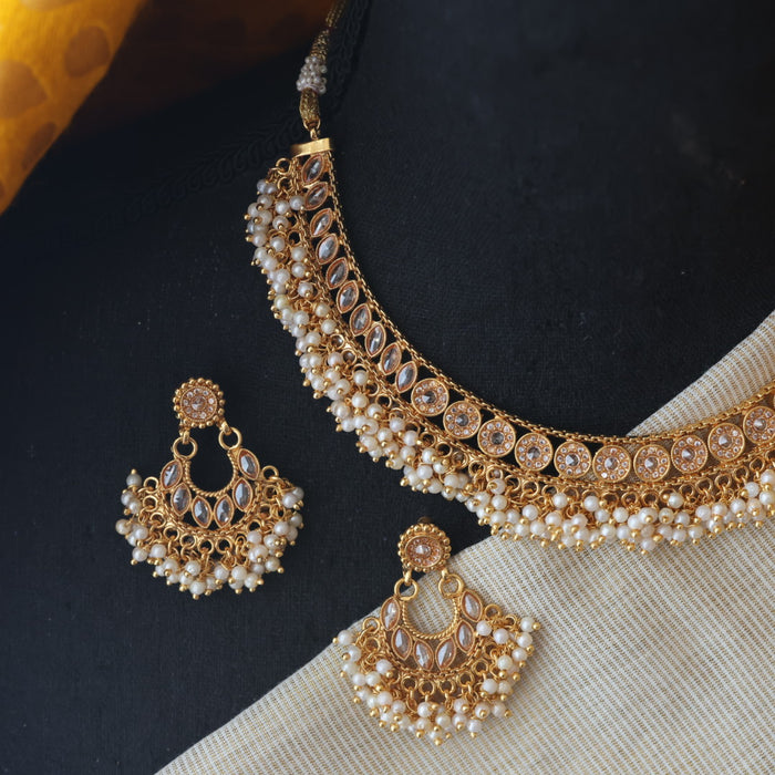 Antique gold pearl short necklace with earrings SS11041