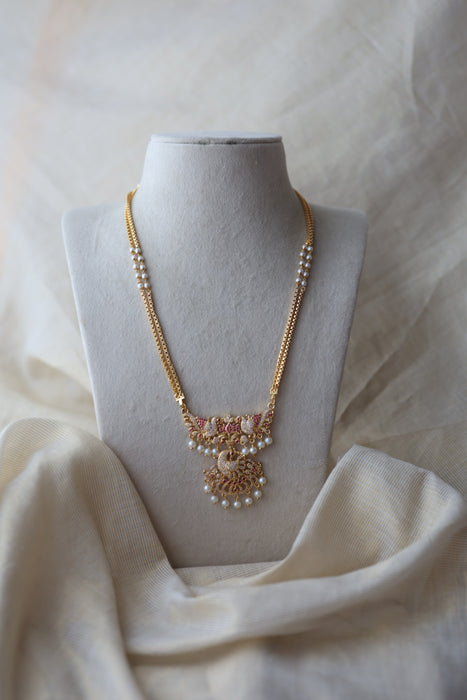 Heritage gold plated ruby white stone padakam long necklace HP8933