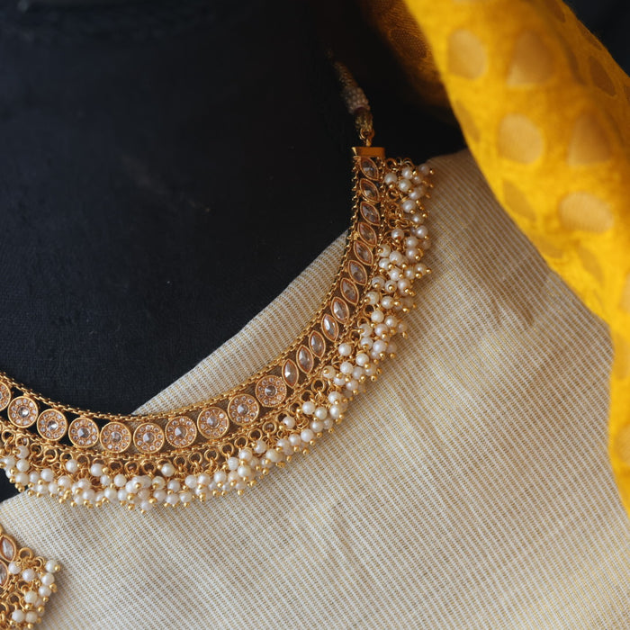 Antique gold pearl short necklace with earrings SS11041