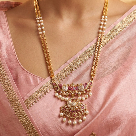 Heritage gold plated ruby white stone padakam long necklace HP8933