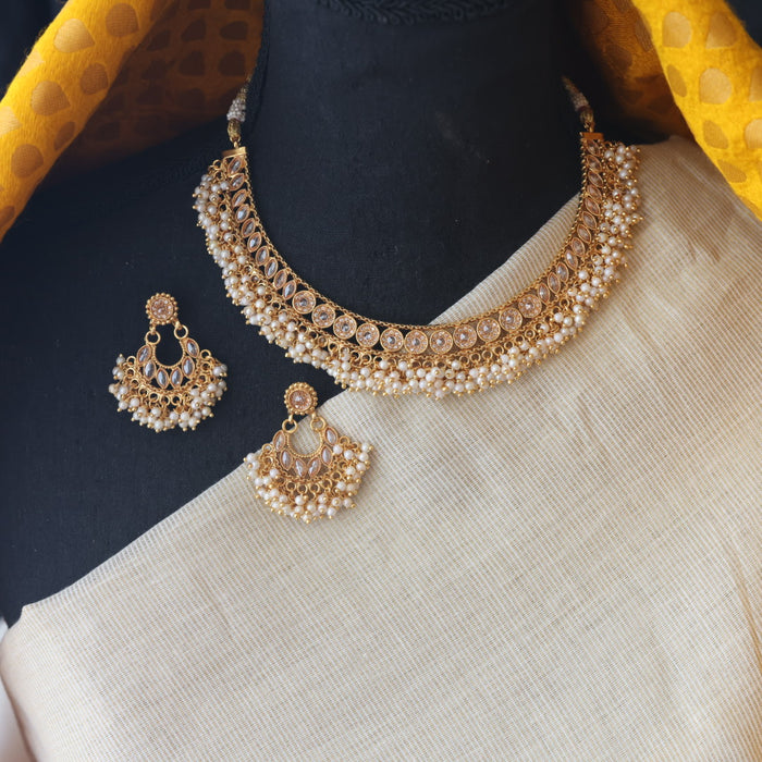 Antique gold pearl short necklace with earrings SS11041