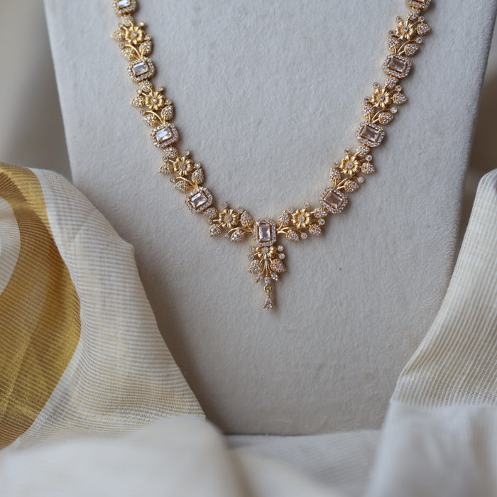 Heritage gold plated white stone long necklace with earrings HL1760
