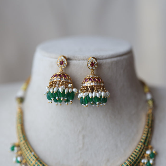 Antique green bead short necklace with earrings AG1176
