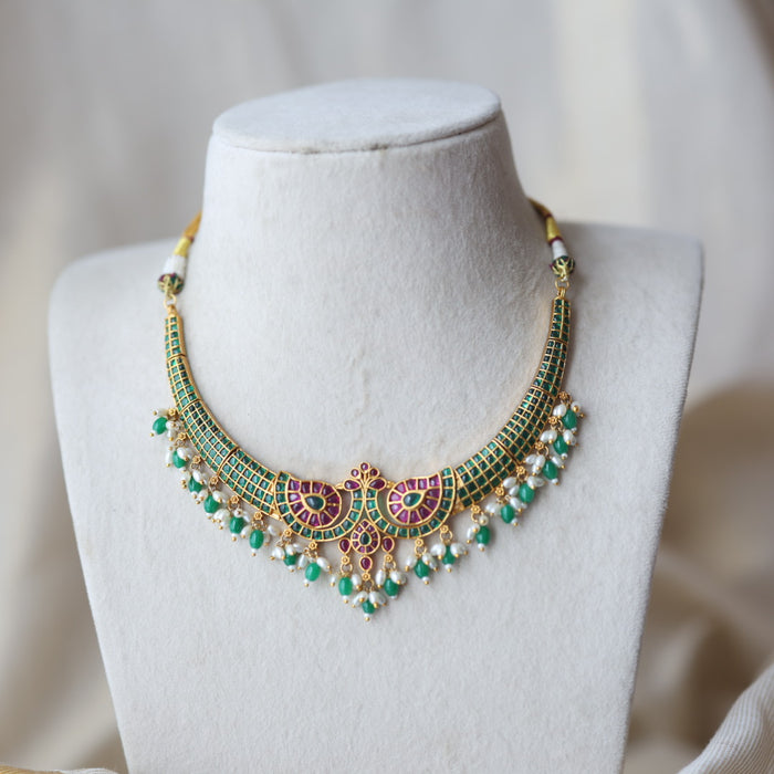Antique green bead short necklace with earrings AG1176