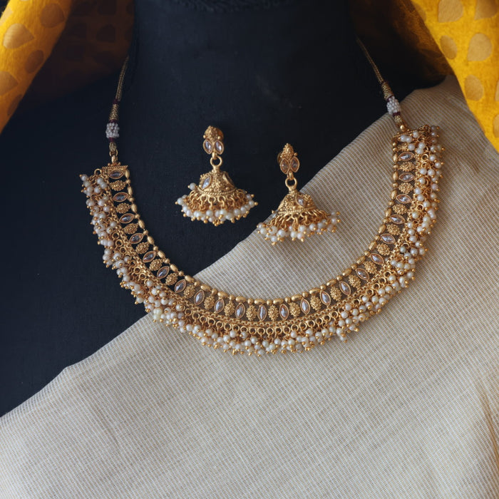 Antique gold stone short necklace with jumka SS11038