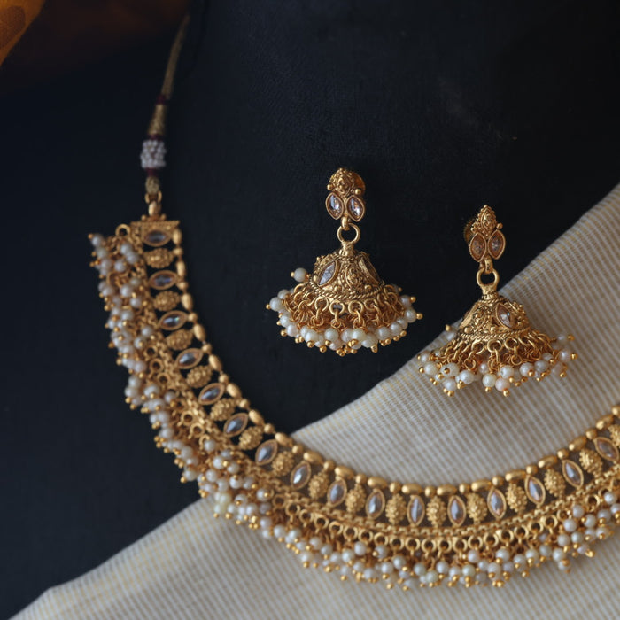 Antique gold stone short necklace with jumka SS11038
