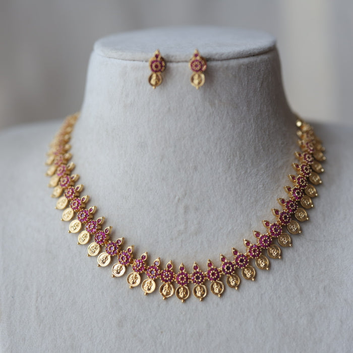 Heritage gold plated ruby stone coin short necklace with earrings H1723