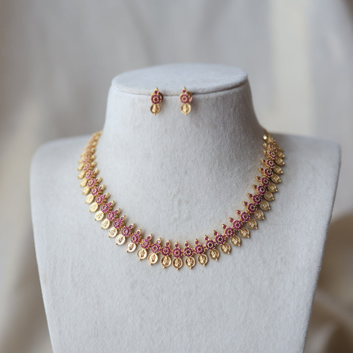 Heritage gold plated ruby stone coin short necklace with earrings H1723