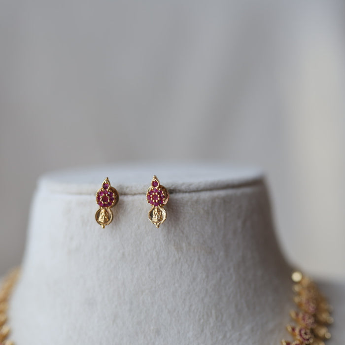 Heritage gold plated ruby stone coin short necklace with earrings H1723