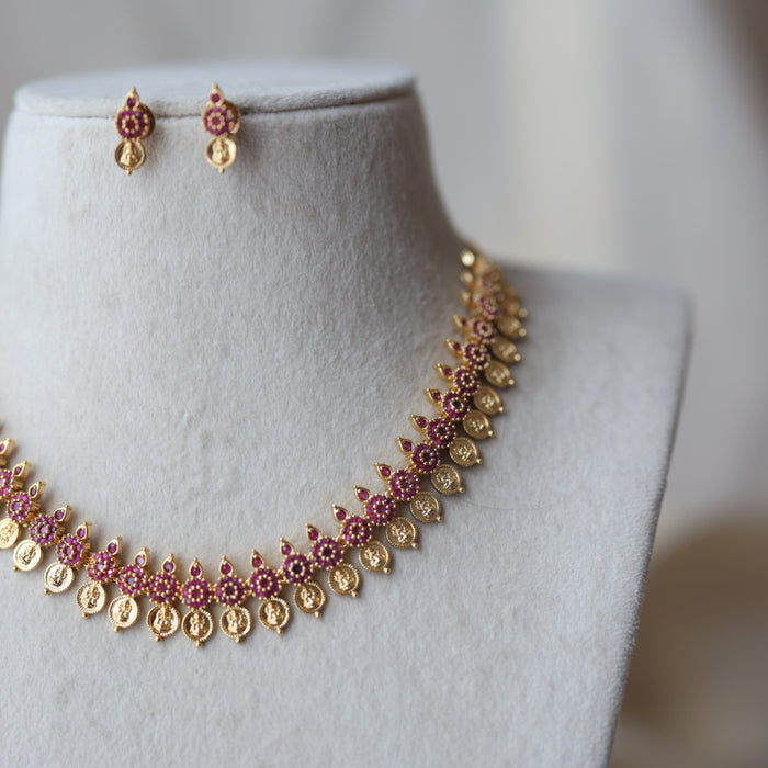 Heritage gold plated ruby stone coin short necklace with earrings H1723