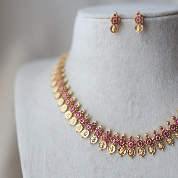 Heritage gold plated ruby stone coin short necklace with earrings H1723