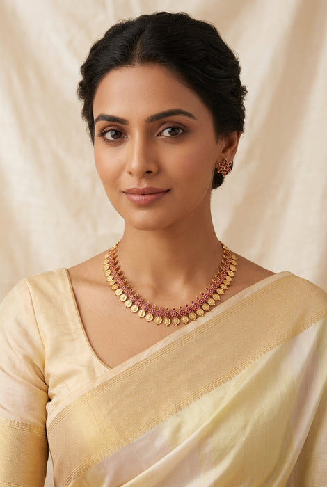 Heritage gold plated ruby stone coin short necklace with earrings H1723