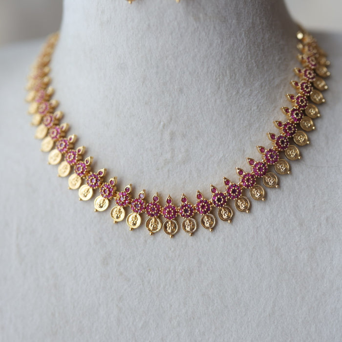 Heritage gold plated ruby stone coin short necklace with earrings H1723