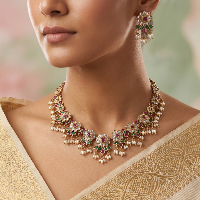 Antique pearl short necklace with earrings SS11036