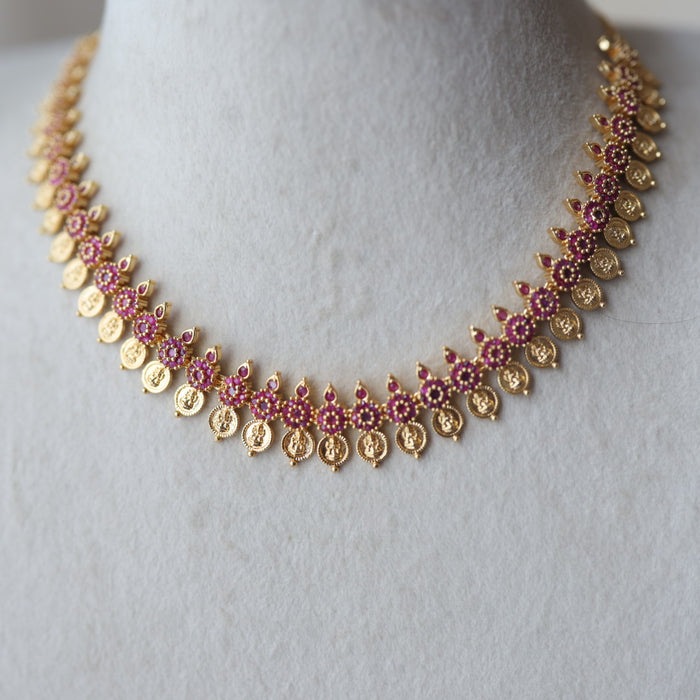 Heritage gold plated ruby stone coin short necklace with earrings H1723