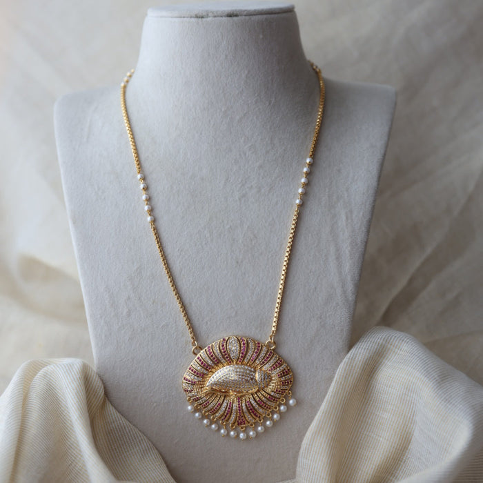 Heritage gold plated ruby white stone padakam long necklace HP8933