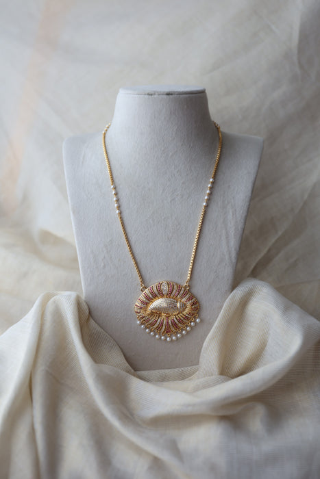 Heritage gold plated ruby white stone padakam long necklace HP8933