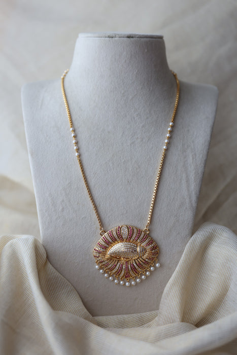 Heritage gold plated ruby white stone padakam long necklace HP8933