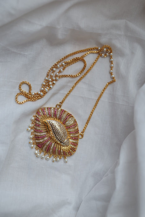 Heritage gold plated ruby white stone padakam long necklace HP8933