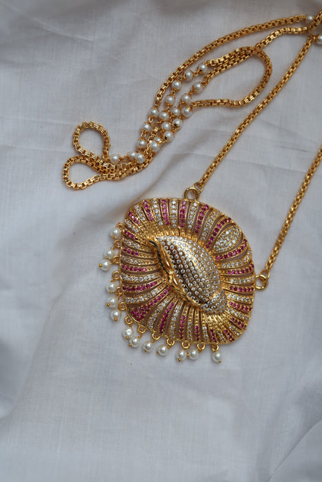 Heritage gold plated ruby white stone padakam long necklace HP8933
