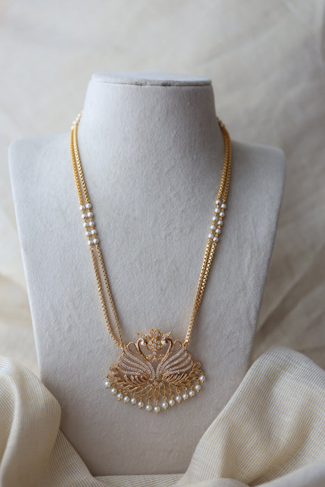 Heritage gold plated white stone padakam long necklace HP8993