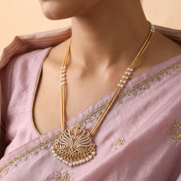 Heritage gold plated white stone padakam long necklace HP8993