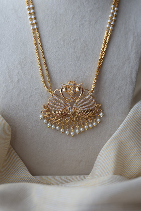 Heritage gold plated white stone padakam long necklace HP8993