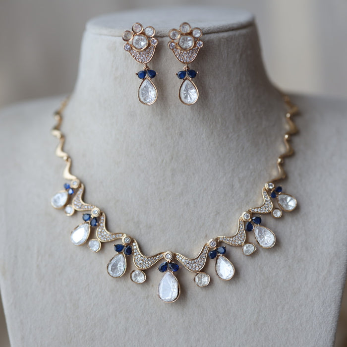 Kundan blue stone short necklace with earrings TB176